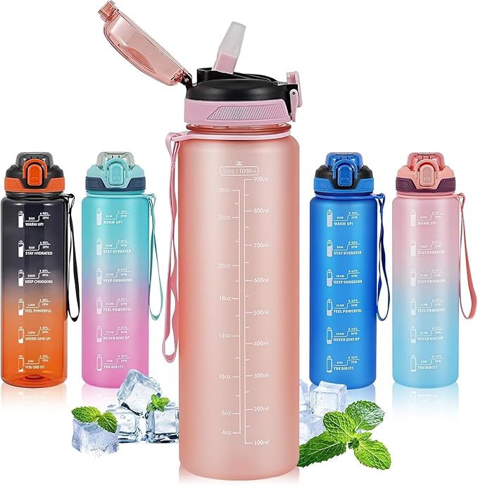 Water Bottle with Straw 1L,Boys Water Bottles with Straw 1 Litre,Waterbottle Leak-Proof Sports Water Bottle,Plastic Drinks Bottles Toxin Free，Bpa-Free (Pink2)