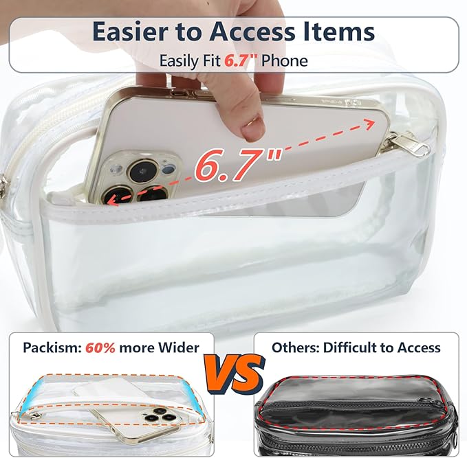 Packism Clear Fanny Pack Stadium Approved - Plus Size 35-51 inches Adjustable Strap Clear Belt Bag for Women Men Transparent Waist Bag for Concerts, Sporting Events, White
