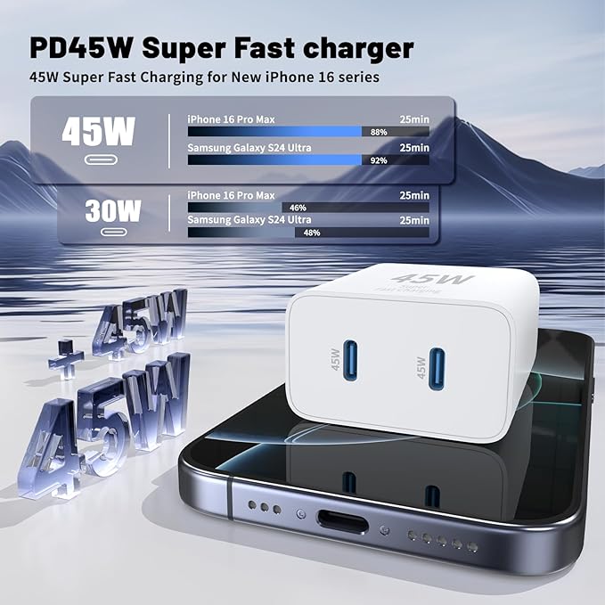 QZIIW iPhone 17 16 15 Pro Max Charger Fast Charging,45W Dual Port USB C Fast Charger Block [2-Pack] & Extra Long 60W 3/6/10/10FT USB C Cable - PD Quick Adapter 3.0 for iPhone 16 15 17/16 15 17 Pro.