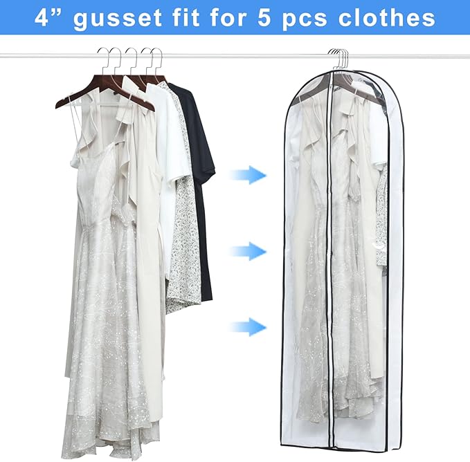 Mskitchen Clear Garment Storage with 4" Gusseted Hanging Covers - Durable, Transparent Protectors for Long Coats, Gowns, Dresses - 24"x 60"x 4" / 6 Pack