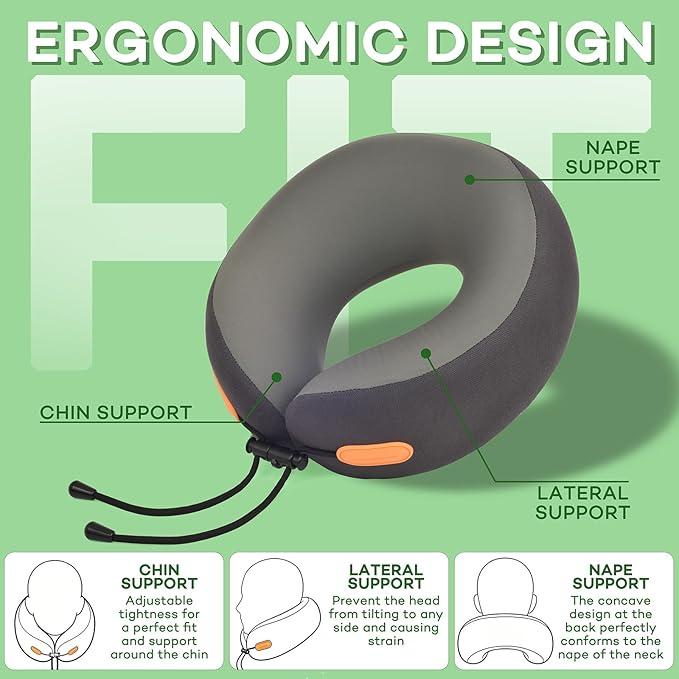 360° Support Memory Foam Travel Neck Pillow – Adjustable Fit for Airplane, Car, Train & Office | No Head Bobbing or Dropping | Firm Support for Long Flights | Carry Bag Included