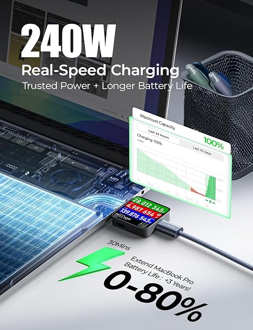 LISEN USB C to USB C Cable Fast Charging Cords 240W Type C Charger Fast Charging Cord Type C Cable for iPhone 16 15 iPad MacBook Pro Air Samsung S25 Switch,10ft+10ft/2 Pack/Black