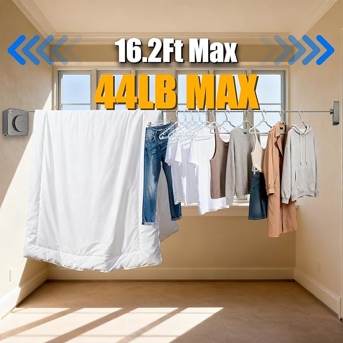 Retractable Clothesline Indoor & Outdoor, 16.2 Feet Stainless Steel Washing Line, Non-Sagging Wall Mounted Heavy Duty Laundry Line, Easy Installation Space-Saving Clothing Dry Rack (Gray)