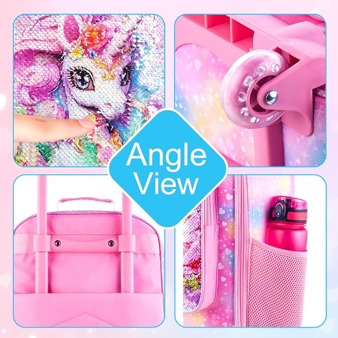 HPJGD Girls Luggage, Kids Sequins Rolling Luggage, Cute Unicorn Travel Carry on for Elementary Preschool Toddler