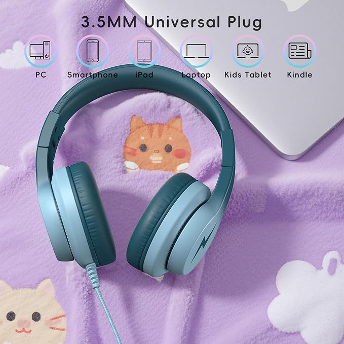 Candy Bila Kids Headphones, Wired Headphones for Kids Over Ear with Microphone, 85/94dB Volume Limiter Headphone for Girls Boys, Foldable Headphone for Learning & Entertainment, Gradient Green