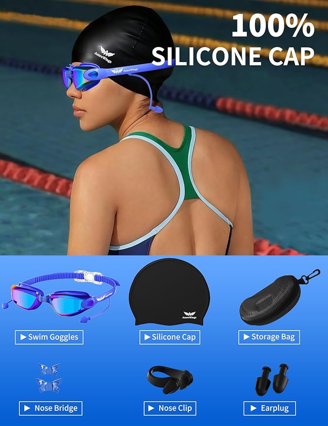 7 in 1 Swim Goggles + Swim Cap for Men Women,No Leak Anti-Fog & UV, Wide Visio HD Mirror PC Lens