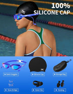 7 in 1 Swim Goggles + Swim Cap for Men Women,No Leak Anti-Fog & UV, Wide Visio HD Mirror PC Lens