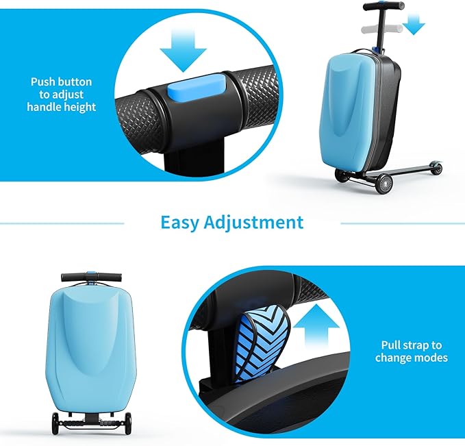 TABU 21" 3-D Hardshell Scooter Suitcase for Kid & Adult, Foldable Carry-on Scooter Luggage for Age 4-15, Multifunctional Ride On Lightweight Luggage with Telescopic Handle, Light Blue