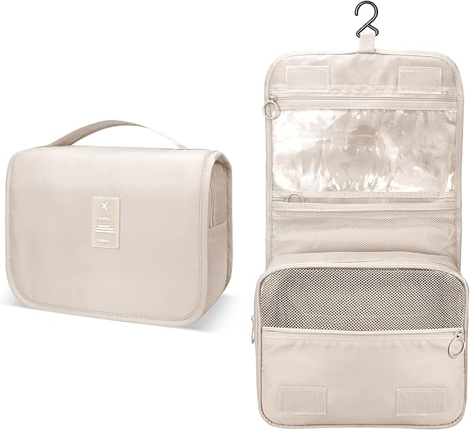 Lcsmaokin Large Capacity Toiletry Bag Travel Bag with Hanging Hook for Men and Women Waterproof Travel Cosmetic Bag Bathroom Storage Bag for Brushes Set, Full-Sized Shampoo,Accessories(Beige)