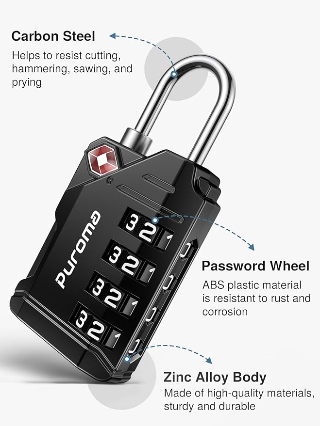 Puroma TSA Approved Travel Luggage Locks, 4 Pack Black 4 Digit Resettable Combination Code Lock with Zinc Alloy Body for Suitcase, Backpack, Laptop Bag, Gym Locker, Toolbox