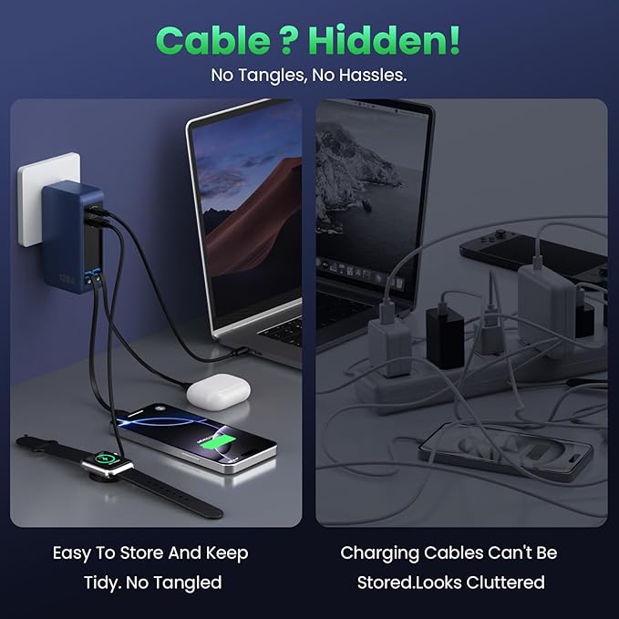 120W USB C Charger Block with 2 Built-in Retractable Cables,4-in-1 GaN IV Foldable Plug Wall Charger Fast Charging Station,PD 65W Laptop Adapter for Macbook/iPad,iPhone 17/16/15/14,Android (Dark Blue)