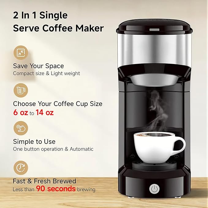 Single Serve Coffee Maker, 2 in 1 Brewer for K Pod & Ground Coffee, 90s Rapid Brew 6 to 14oz Capacities with Auto Shut Off, Small Compact Design for Home Office Travel Camping (Black)