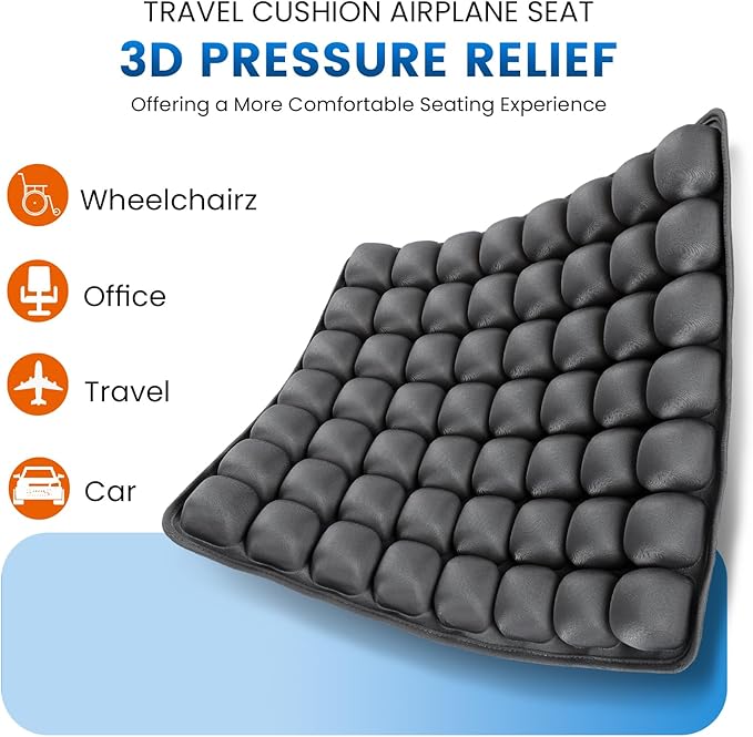 Travel Cushion, Airplane Seat Cushion for Long Flights, 56 Bubbles Portable Car Seat Cushions for Office Chair, Wheelchair, Camping, Home Living (Grey)