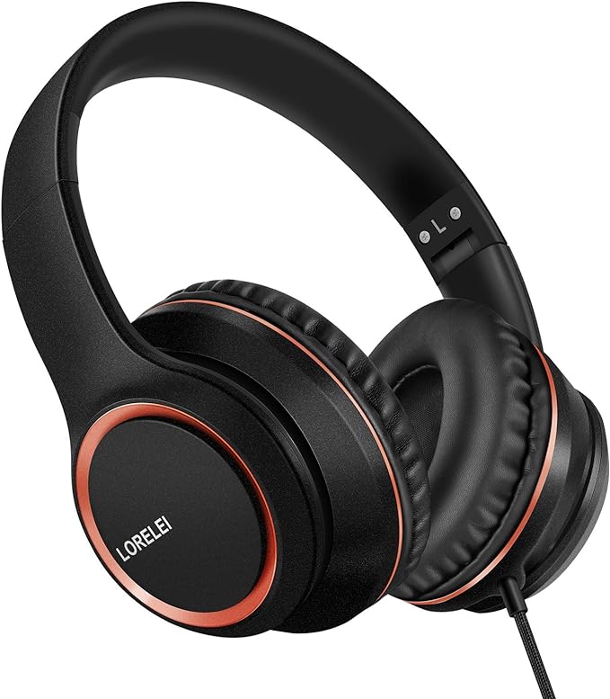 LORELEI X8 Over-Ear Wired Headphones with Microphone with 1.45m-Tangle-Free Nylon Line&3.5mm Plug,Lightweight Foldable & Portable Headphones for Smartphone,Tablet,Computer,Mp3/4(Space Black)