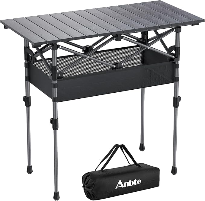 Anbte 3ft Aluminum Roll Top Camping Table, 2 Adjustable Height Camping Table Folding with Storage Net & Bag Lightweight Roll Up Table for Tailgate Outdoor Backyard BBQ Patio Picnic, 32.2” X 16”, Black