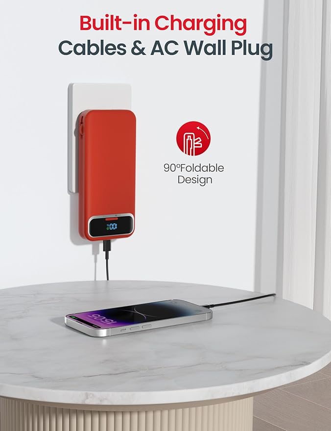 12000mAh Lightweight-Portable-Charger-Power-Bank with Built-in Cables and AC Wall Plug, PD20W USB-C Fast Charging Battery Pack, LED Display External Travel Phone Charger for All iPhone,Samsung,Android