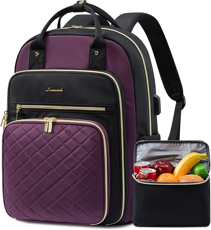 LOVEVOOK Lunch Backpack for Women, 15.6 Inch Laptop Bag with Insulated Cooler Lunch Box, Work Backpack for Teacher Nurse, Travel Backpack Lunch Bag for Camping Picnic Daily Use, Purple Black