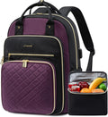 LOVEVOOK Lunch Backpack for Women, 15.6 Inch Laptop Bag with Insulated Cooler Lunch Box, Work Backpack for Teacher Nurse, Travel Backpack Lunch Bag for Camping Picnic Daily Use, Purple Black