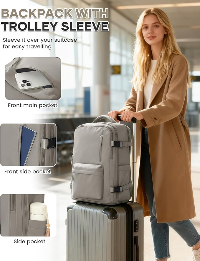 WONHOX Carry on Travel Laptop Backpack for Women Men Flight Approved,Backpack for Women Travel Bag Hiking Outdoor Sports Rucksack Casual Daypack, Grey Brown