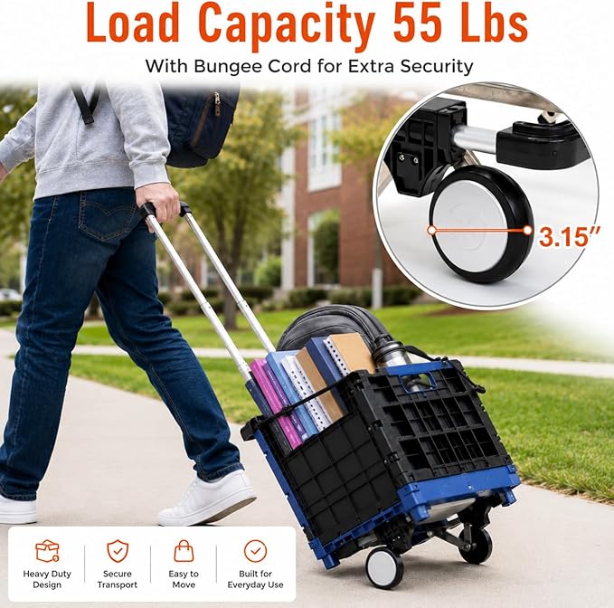 Japard Luggage Cart with 2 Wheels Foldable, Purse Trolley, Portable Travel Dolly Compact Air Travel Loadable 55 lbs, Smallest Folding Carrying Cart Light Weight