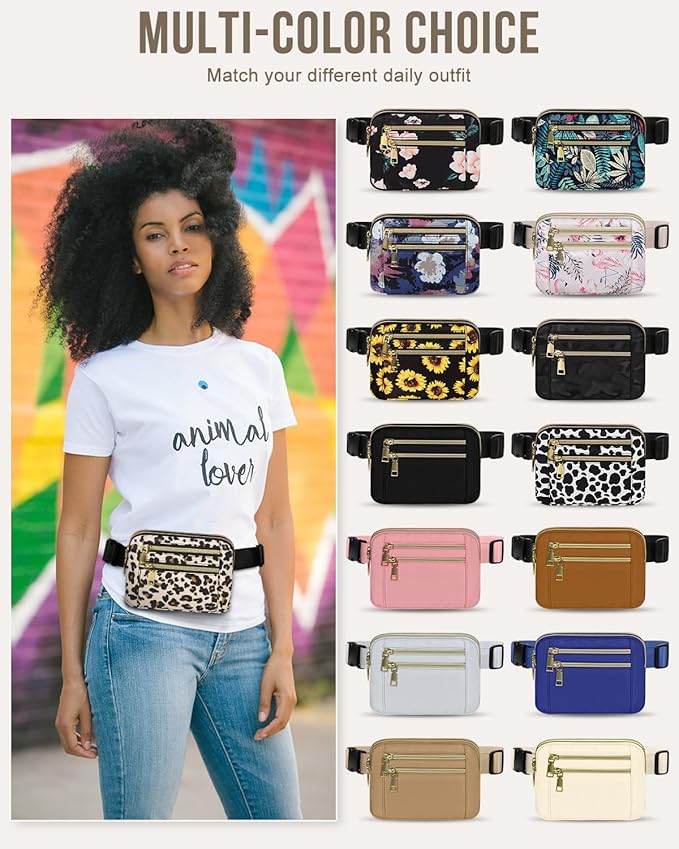 Capolo Fanny Packs for Women Fashion Waist Packs Bag with Adjustable Strap and 4 Zipper Pockets Waterproof Everywhere Crossbody Belt Bag for Workout Running Travelling(Leopard)