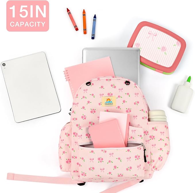 STEAMEDBUN Corduroy Kids Backpack for Girls and Boys 5-8: Girls Backpack for Elementary Kindergarten - 15 inch Cute Backpacks for Kids - Rose
