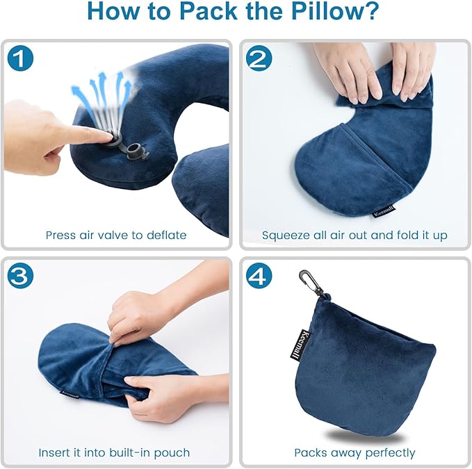 Keemall Travel Neck Pillow for Airplane, Compact Inflatable Neck Pillow for Traveling Long Flights, Adjust Firmness Neck Suport Pillow for Sleeping Plane Head Rest for Travel Accessories,Deep Blue
