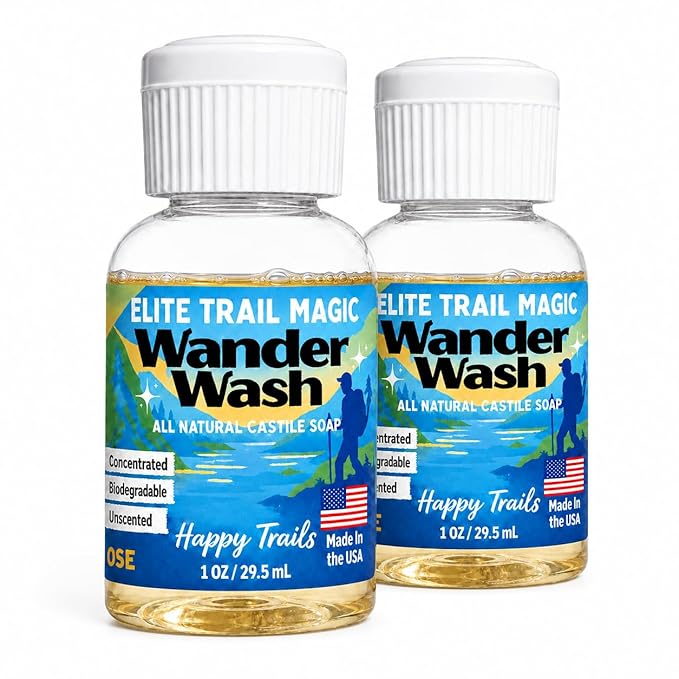 Elite Trail Magic- 2 pack- Made In USA- Wander Wash Biodegradable Castile Soap – Ultralight (2) 1 oz Concentrated Liquid Soap for Camping -Travel & Backpacking – All Purpose, Unscented (2)