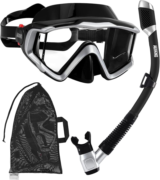 Aegend Snorkeling Gear for Adults Youth Kids, Snorkel Mask with Top Dry Valve - Panoramic View Anti-Leak and Anti-Fog with Mesh Bag for Snorkeling, Scuba Diving, Freediving & Swimming