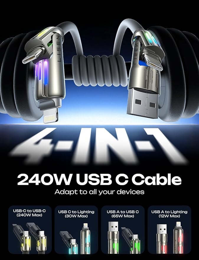 LISEN Car Carplay Cable for iPhone 17/16/15 Pro Max/Plus(3.3FT), 4 in 1 Chubby USB C with Light, USB A/C to C/L Multi Charging Cable for iPhone14 13 12/MacBook Pro/Air/iPad Pro/SamSungS25,Grey