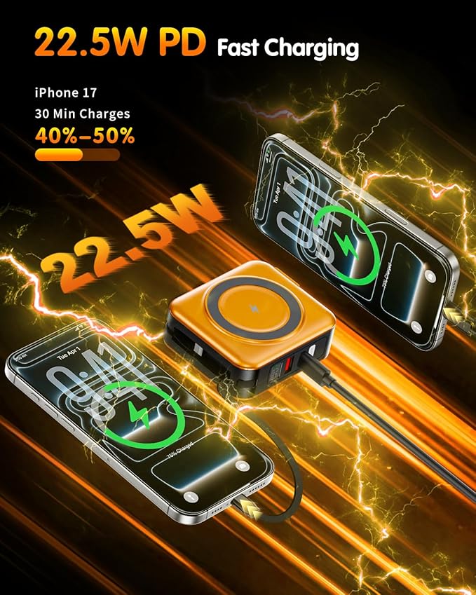 6-in-1 for Magsafe Portable Charger with Built-in Cables & Wall Plug,10000mAh Magnetic Wireless Power Bank,22.5W Fast Charging USB C Battery Pack,Travel Essentials for iPhone 17/16/15/14/13/12,Orange
