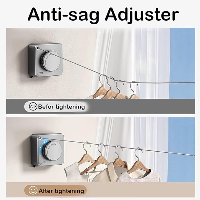Retractable Clothesline Indoor,Bathroom Clothesline Retracting Heavy Duty Clothes Drying Laundry Line Travel Clothesline for Hotel Room Wall Mounted Stainless Steel Line-13.8 Feets,Gray