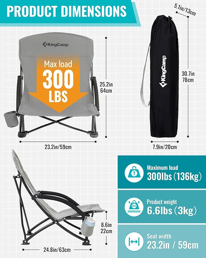 KingCamp Low Beach Chair, High Back Folding Camping Chair for Adults, Oversized Breathable Mesh Seat, 300lbs Heavy Duty Portable Chair with Cup Holder & Storage Pockets for Beach, Outdoor