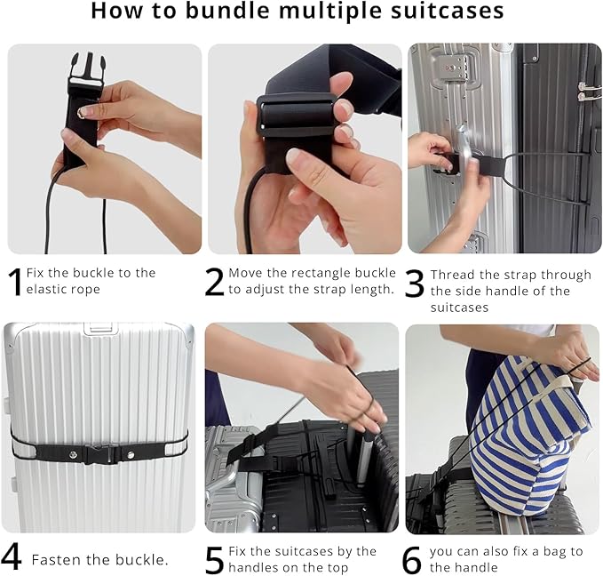 Luggage Straps 3 PCS for Suitcases TSA Approved 2 Short & 1 Long Adjustable Straps with Elastic Thick Rope for Connecting Suitcases and Bags Stably with a Strap Buckle and a Bottle Clip, Black