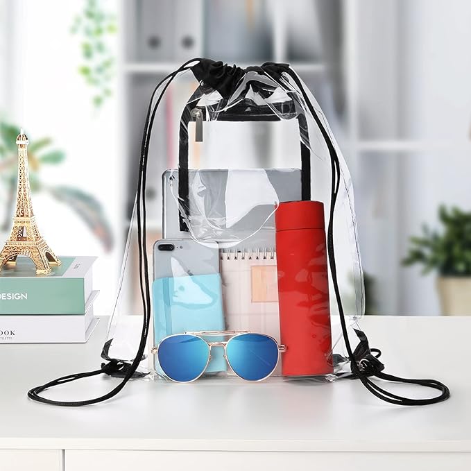 2 PACK Clear Drawstring Bag Stadium Approved, See Through PVC Drawstring bags, Transparent Backpack with Inner Zipper Pocket