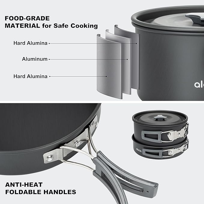 Alocs Camping Cookware Set - Lightweight Camping Pots and Pans - Portable Outdoor Cookware with Kettle - Camping Cookware Mess Kit for 2