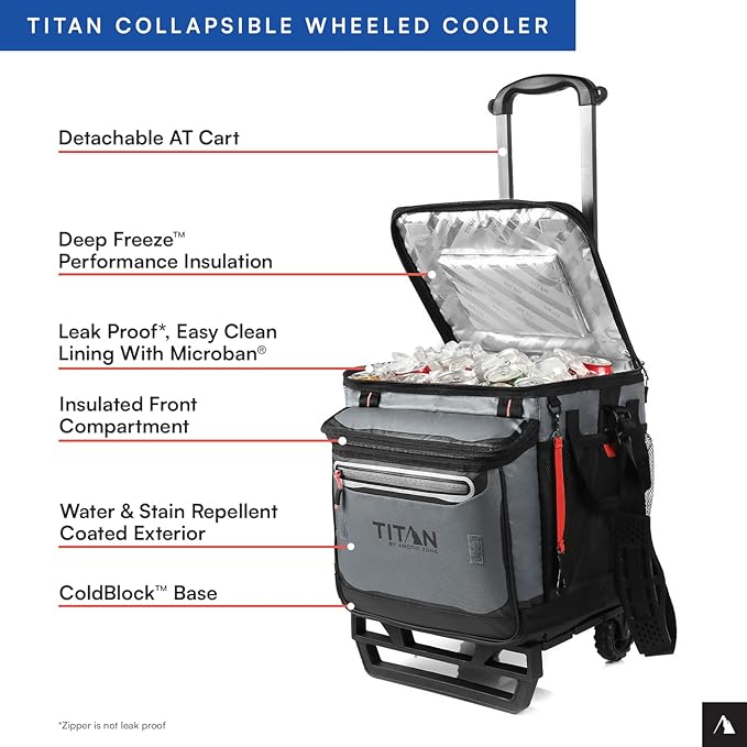 Titan by Arctic Zone Collapsible Wheeled Soft Sided Cooler with Detachable Rolling AT Cart, Insulated Bag with Leak Proof Lining, for Travel, Beach, Picnic, 60 Can Capacity