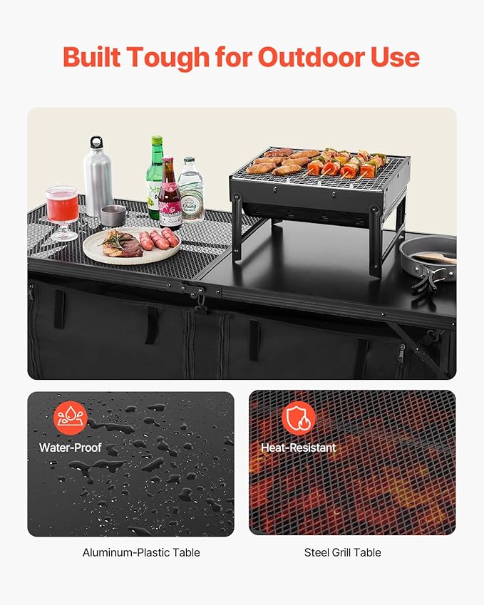 VEVOR Camping Kitchen Table, Folding Outdoor Cooking Table, 3 Adjustable Heights, Aluminum Lightweight Portable Cook Station with Storage Organizer, Carry Handle, for BBQ Party Picnic RV Travel, Black