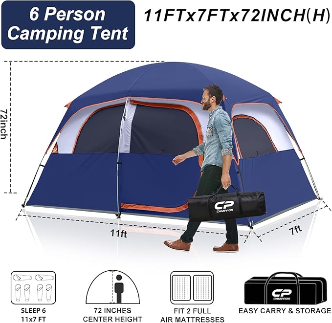 CAMPROS CP Upgraded 6/8 Person Camping Tents, Waterproof Windproof Family Tent with Larger Mesh Windows & Door, Double Layer, Easy Set Up, All-Season Dome Tent with Top Rainfly & Carry Bag