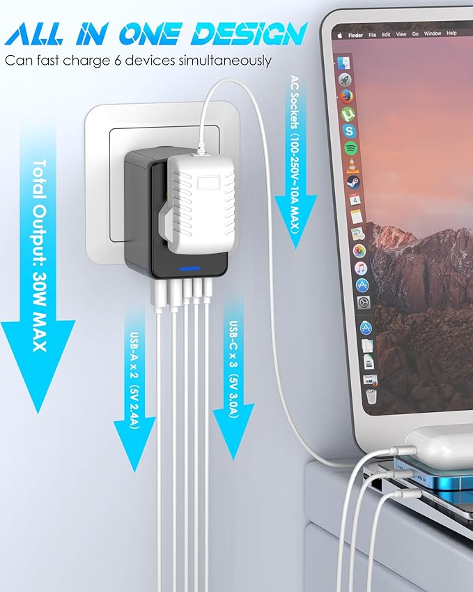 Universal Travel Adapter, 6.0A 30W 5 USB C/A Ports + 2500W AC Outlets, International Power Adapter for All USB Devices, Multi Plugs 110V 220V A/C, European Travel Plug Adapter for 200+ Countries