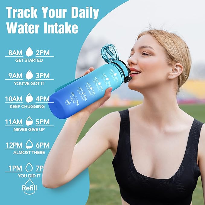 OLDLEY Water Bottle, 32oz Motivational Sports Water Bottle with Time Marker - Times to Drink - Tritan, BPA Free, Wide Mouth Leakproof, Anniversary Birthday Gifts for Men Women, Sky (1 Bottle)