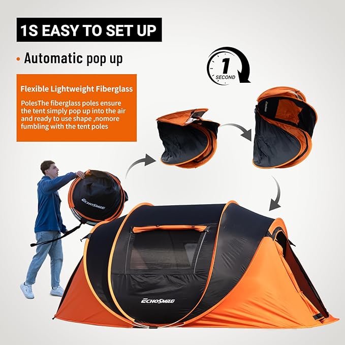 EchoSmile Pop Up Camping Tent, 2/4/6 Person Easy Setup Tent, Water Resistant Dome, Portable with Carry Bag