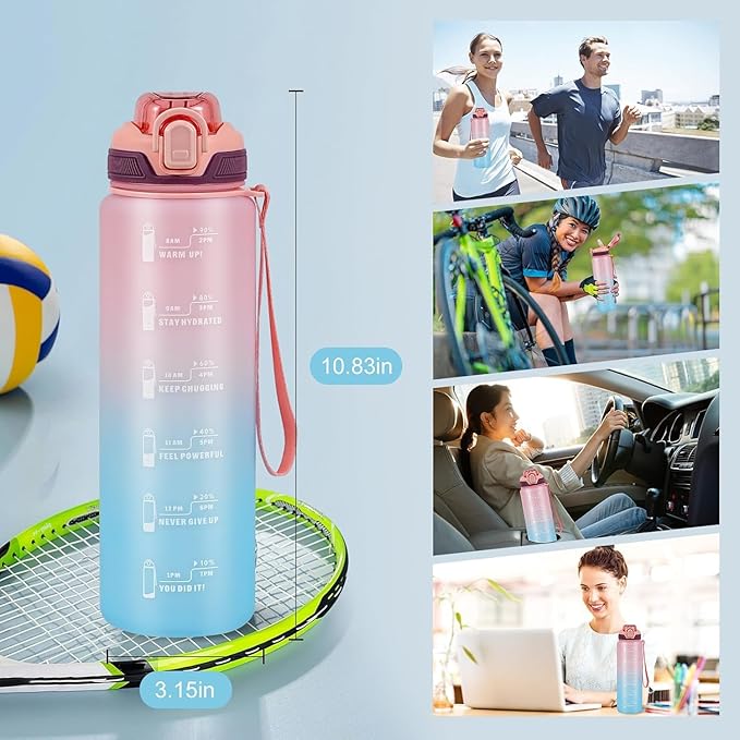 Water Bottle with Straw 1L,Boys Water Bottles with Straw 1 Litre,Waterbottle Leak-Proof Sports Water Bottle,Plastic Drinks Bottles Toxin Free，Bpa-Free (Pink Blue)