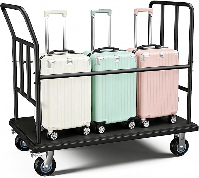 Luggage Cart,850LB Load Luggage Trolley with 5" Quiet Wheels & Secures Poles,Heavy-Duty Steel Hand Truck for Hotel Bellman,Airport,Commercial Use,Non-Slip Platform Dolly(42.51" x 25.19" x 34.25")