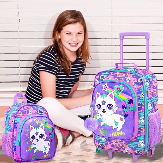 2Pcs Kids Suitcase for Girls, 18" Cat Carry on Luggage Set with Wheels, Cute Travel Rolling with 12" Toddler Backpack(Purple)