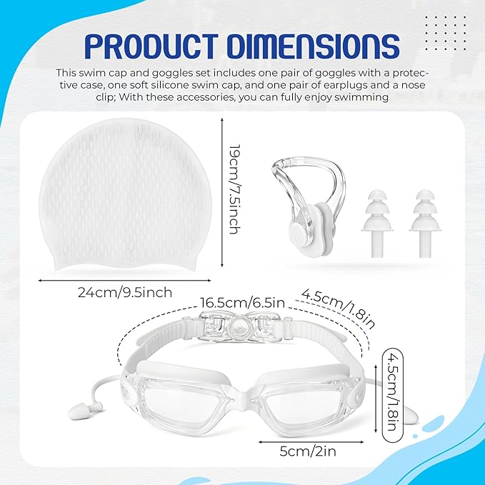 Tallew Swim Goggles Swimming Cap Set with Earplugs, Nose Clip and Case Silicone Swim Hat Waterproof Chlorine Resistant