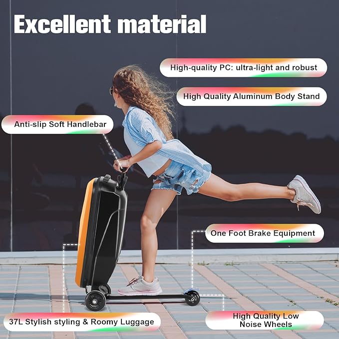 Scooter Luggage For Kids & Adults， Hardside Ride On Suitcase For Kids Ages 4-15 Multifunctional Lightweight Foldable Carry On Luggage With Wheels Ride On For Children Teenagers（Orange）