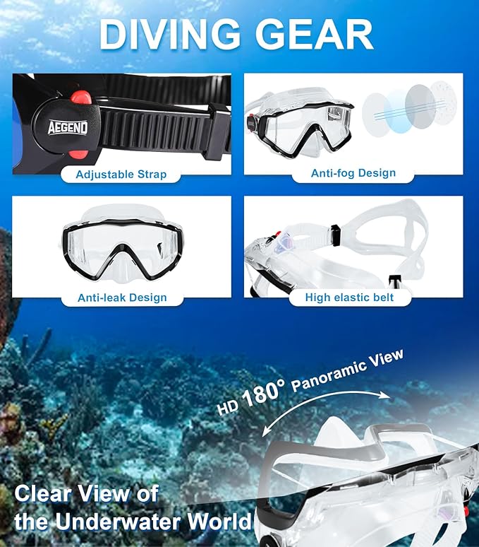 Aegend Snorkeling Gear for Adults Youth Kids, Snorkel Mask with Top Dry Valve - Panoramic View Anti-Leak and Anti-Fog with Mesh Bag for Snorkeling, Scuba Diving, Freediving & Swimming