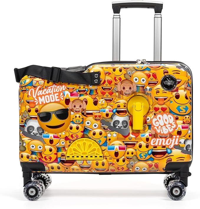 Younglingz LIL FLYER GO V2 x Emoji Ride On Suitcase for Kids | Carry On Luggage with Toddler Seat, Foldable Handlebars, Pedals, and Removable Wheels | Holds up to 80 lbs | Yellow Emoji | Ages 2-6