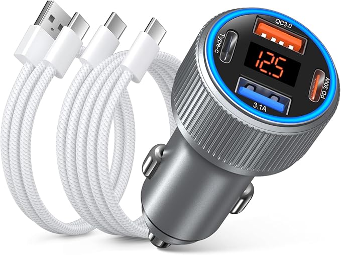 4-Port USB C Car Charger for iPhone 17/16e/15 Pro Max, 65W Multi Port PD+QC 3.0 Fast Charging Dual 12V USB-C&USB-A Car Charger Cigarette Lighter Adapter Voltmeter for iPhone Air 17 16 15 Pro